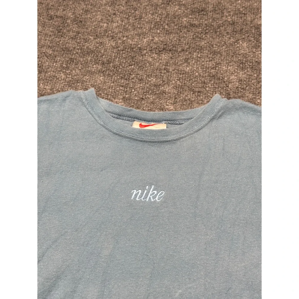 Vintage Nike Baby Tee Light Blue Ribbed Embroidered Script Logo Shirt Womens‎ M